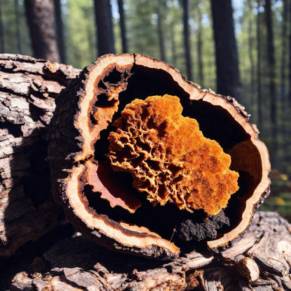 Chaga paddestoel groeiend in een holte van een boomstam in een bos, met een feloranje binnenkant en een donkerbruine buitenkant.