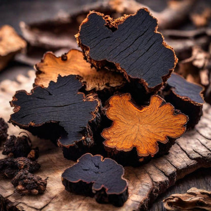 Gesneden plakjes van chaga paddestoel op een houten snijplank, met duidelijk zichtbare zwart-oranje ringen en texturen.