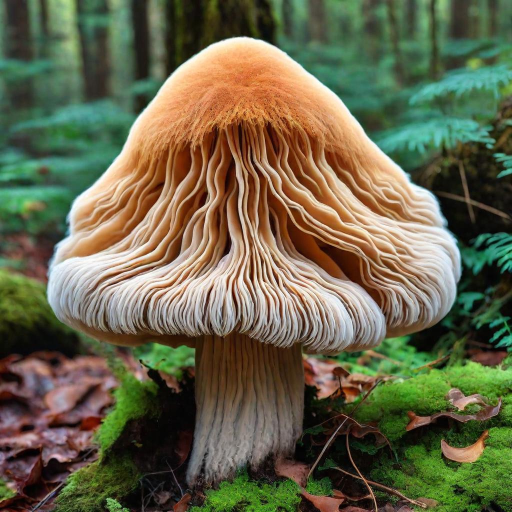 Grote Lion's Mane paddenstoel met een brede, golvende hoed en lange, hangende stekels, groeiend in een weelderig bos.